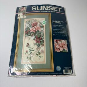 Dimensions Sunset #13686 Butterfly & Clematis Cross Stitch Kit Vintage 2001 OPEN